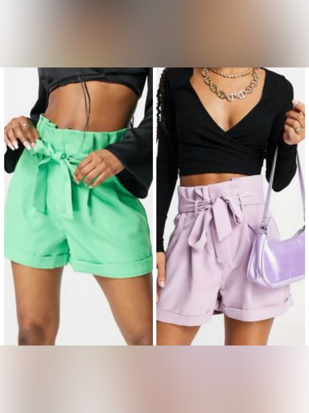2 pairs - High-Waist Paperbag Shorts with Tie Belt - Lavender and green